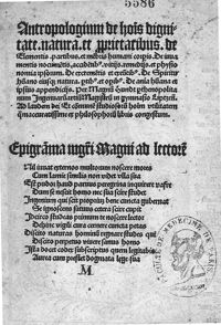0001 - Page sans numérotation - Antropologium de hominis dignitate natura et proprietaribus de elementis partibus corporis. Epigramma magistri Magni ad lectorem