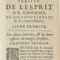 0019 - Page 1 - Traitté De l'esprit de l'homme, de ses fonctions et de ses connoissances. Liure premier. Des objets externes, & de leurs especes ou images sensibles. Chapitre premier