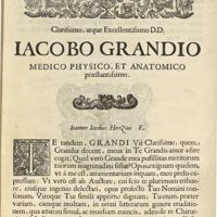 0007 - Page sans numérotation - Clarissimo, atque excellentissimo D.D. Iacobo Grandio Medico Physico, et Anatomico praestantissimo. Ioannes Iacobus Hertzius F.