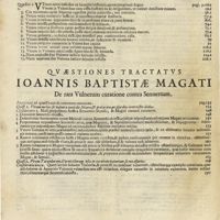 0212 - Page sans numérotation - Index Quaestionum quae in hoc secundoo Libro De rara medicatione vulnerum deciduntur. Quaestiones Tractatus Ioannis Baptistae Magati De rara vulnerum curatione contra Sennertum