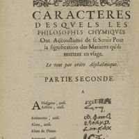 0618 - Page 604 - Caracteres desquels les Philosophes chymiques ont accoustumé de se seruir pour la signification des matieres qu'ils mettent en usage. Le tout par ordre alphabetique. Partie seconde
