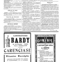 0259 - Page 259 - Cours, leçons et conférences du 22 février au 29 février 1920. Samedi 28 février / Dimanche 29 février / Faculté de Paris. Physique / Facultés de Province. Faculté de médecine d'Alger / Hôpitaux et hospices. Hôpital La Rochefoucauld / Hôpitaux de Lyon / Concours. Médecin des hôpitaux / Médecin de Saint-Lazare / Prix de l'Internat / Prix de l'Externat / Internat / Pharmacien des hôpitaux / Internat des asiles / Nouvelles. Réorganisation de l'École du service de santé / Souscription pour la glorification des médecins morts pour la Patrie (Voir la suite, p. 261.)