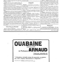 0575 - Page 575 - Faculté de Paris. Clinique des maladies contagieuses / Chirurgien-dentiste / Facultés de Province. Ecole de médecine de Marseille / Concours. Agrégation / Anatomie et histologie / Accoucheur des hôpitaux / Sanatorium d'Angicourt / Internat / Externat / Nouvelles. La protection de la santé publique (Voir la suite, p. 579.)