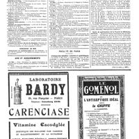 0595 - Page 595 - Cours, leçons et conférences du 16 au 23 mai 1920. Samedi 22 mai / Dimanche 23 mai / Avis et renseignements / Faculté de Paris. Clinique des maladies cutanées et syphilitiques / Ecole de puériculture de la Faculté de médecine de Paris (Voir la suite, p. 597.)