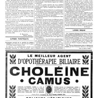 1133 - Page 1136 - Questions médico-militaires. Médecins des troupes coloniales. Permutations. Annuités [P. Bonnette] / Livres nouveaux. Orientation nouvelle de la question du diabète insipide, par G. Maranon... (S. Calleja, éditeur), Madrid, 1920 [M. Nathan] / Livres reçus (Voir la suite, p. 1141.)