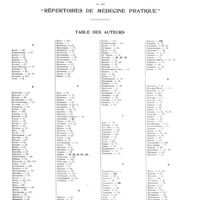 0031 - Page 1 - Table des matières des analyses de la «revue des journaux» et des «répertoires de médecine pratique». Table des auteurs