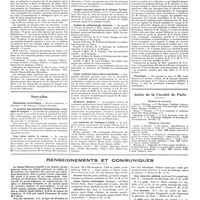 0166 - Page 160 - Chroniques, variétés et informations. Concours. Internat des asiles publics d'aliénés de la Seine / Nouvelles. Distinctions honorifiques / La question des injections intraveineuses, avantages et dangers / Pour lutter contre le cancer / L'appui maternel auprès de la clinique Tarnier / Institut de paléontologie humaine / Union médicale franco-ibéro-américaine / Orchestre médical / Les médecins de Toulouse à Paris / Nécrologie. [Louis Benard / J. Tallier / Bernard Roussell / professeur Johnanès Fibiger] / Actes de la faculté de Paris. Examens de doctorat. Thèses de doctorat / Renseignements et communiqués