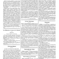 0936 - Page 926 - Chroniques, variétés et informations. Ve voyage médical international de noël sur la Côte d'Azur organisé par la société médicale du Littoral méditerranéen / La médecine à travers le monde. Argentine / Correspondance. A propos du traitement des hémorroïdes [J. Durand-Boisléard] / Livres nouveaux. Lamarck et l'interprétation de la nature, par Louis Roule... (Ernest Flammarion...), Paris... / Université de Paris. Collège de France / Universités de province. Clinique gynécologique de Lyon / Concours. Externat