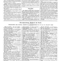 0937 - Page 927 - Chroniques, variétés et informations. Concours. Externat / Médecins stagiaires de l'assistance médicale en Indochine / Nouvelles. Deux millions de dollars pour la Cité universitaire / Naturalisation / Etablissement héliothérapique d'Odeillo-Font-Romeu / Institut orthopédique hélio-marin Kerpape-en-Ploemeur / Groupe médical parlementaire / Corps de santé des troupes coloniales / Nécrologie / Enseignement médical de Paris. Programme des cours, leçons et conférences du 23 au 25 juillet 1928