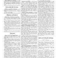 0327 - Page 327 - Chroniques, variétés et informations. Université de Paris. Clinique médicale propédeutique de la charité / Chaire d'histoire de la médecine / Universités de province. Faculté de médecine de Toulouse / Hôpitaux et hospices. Hôpital Tenon (Service de la maternité) / Concours. Hospice national des quinze-vingts / Hospices civils de Rennes / Ecole vétérinaire de Lyon / Nouvelles. Distinctions honorifiques / Création d'un corps de médecins consultants / Conseiller sanitaire technique / Les voix latines / Clinique médicale / Conseil supérieur de surveillance des eaux destinées à l'alimentation de l'armée / Association des journalistes médicaux français / IIIe congrès international de technique sanitaire et d'hygiène urbaine / Excursions en Corse et en Italie / Corps de santé des troupes coloniales / Actes de la Faculté de Paris