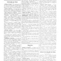 0711 - Page 707 - Chroniques, variétés et informations. Livres nouveaux. Recueil de travaux publiés sous la direction du professeur Pittaluga (Madrid) [Léon Bernard] / Université de Paris. Collège de France / Faculté de médecine / Chaire d'histoire de la médecine / Pathologie médicale / Amphithéâtre d'anatomie / Concours. Chirurgien des hôpitaux / Médecin des hôpitaux / Médecins chefs adjoints des dispensaires vénéréologiques / Nouvelles. Banquet de l'Internat / L'orchestre médical / Conférences médicales de l'hôtel Chambon / Centenaire d'Alfred Fournier / Actes de la Faculté de Paris