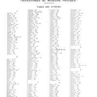0002 - Page 1 - Table des matières des analyses de la «revue des journaux» et des «répertoires de médecine pratique. Table des auteurs