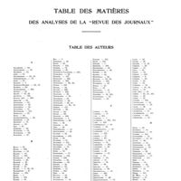 0002 - Page 1 - Table des matières des analyses de la «revue des journaux». Table des auteurs