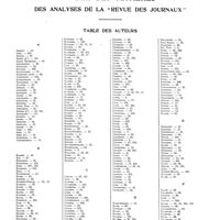 0002 - Page 1 - Table des matières des analyses de la «revue des journaux». Table des auteurs