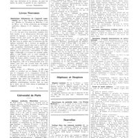 0019 - Page 15 - Chroniques, variétés et informations. Correspondance. A propos des substances larvicides contre la malaria [Augusto Debenedetti] / Livres nouveaux. Séméiologie élémentaire de l'appareil respiratoire, par E. Rist... (Masson et Compagnie, éditeurs)... [G. Poix] / Université de Paris. Clinique médicale, Hôtel-Dieu / Amphithéâtre d'anatomie / Hôpitaux et hospices. Hôpital Laennec / Nouvelles. Collège libre des sciences sociales / Amicale des médecins de Bretagne / Journées vétérinaires d'Alfort 1935 / Deuxième Congrès international de microbiologie / Corps de santé militaire