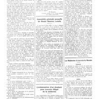 1142 - Page 1134 - Chroniques, variétés et informations. Le Sanatorium Institut Carlo Forlanini / Assemblée générale annuelle du musée Maurice Letulle / Condamnation d'un étudiant pour exercice illégal de la médecine / La médecine à travers le monde. Canada / Grèce