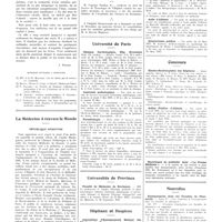 0587 - Page 583 - Chroniques, variétés et informations. Pour la culture équilibrée de notre jeunesse [J. Poucel] / La médecine à travers le monde. République Argentine / Roumanie / Université de Paris. Clinique cardiologique, Hôp. Broussais / Anatomie pathologique / Parasitologie / Universités de province. Faculté de médecine de Bordeaux / Hôpitaux et hospices. Association d'enseignement médical des hôpitaux de Paris / Asile d'aliénés / Sanatoriums publics / Concours. Electro-radiologistes des hôpitaux / Asiles publics d'aliénés / Nouvelles. Enseignement dans les facultés de pharmacie