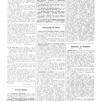 0858 - Page 854 - Chroniques, variétés et informations. Livres nouveaux. Traité pratique de curiethérapie, par P. Degrais et A. Bellot. Tome I : Généralités sur les radium et sur la curiethérapie du cancer. Paris, 1937... (Baillière et fils, édit) [P. Desfosses] / Le feu chez moi, par R.-J. Dumont... [P. Desfosses] / Livres reçus / Université de Paris. Clinique de la tuberculose, hôpital Laennec / Hygiène et clinique de la première enfance (Enfants-Assistés) / Amphithéâtre d'anatomie / Amphithéâtre d'anatomie / Hôpitaux et hospices. Hôpital Tenon