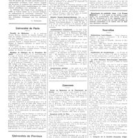 0915 - Page 911 - Chroniques, variétés et informations. Le traitement des vomissements des nourrissons, par H. Grenet... (J.-B. Baillière et fils, éditeurs), Paris, 1936 [G. Schreiber] / Université de Paris. Faculté de médecine / Hygiène et clinique de la première enfance / Universités de province. Faculté de médecine d'Aix-Marseille / Faculté de médecine de Bordeaux / Hôpital Necker-Enfants-Malades / Amphithéâtre d'anatomie / Sanatoriums publics / Concours. Ecole de médecine et de pharmacie de Rouen / Hospices civils de Nice / Nouvelles. Distinctions honorifiques / Conférence de morphologie / La XVIe réunion neurologique internationale / Le congrès de la société française d'ophtalmologie