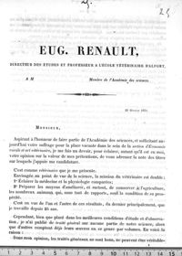 0001 - Page 1 - «Eug. Renault, directeur des études et professeur [...], A M.... Membre de l'Académie des sciences»
