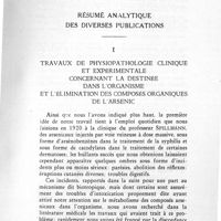 0015 - Page 17 - Résumé analytique des diverses publications. I. Travaux de physiopathologie clinique et expérimentale concernant la destinée dans l'organisme et l'élimination des composés organiques de l'arsenic
