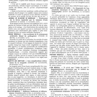 0057 - Page 43 - Revue hebdomadaire de la presse française. Écho médical du Nord. - Les effets du traitement mercuriel dans les cardiopathies. La syphilis du coeur (Pierret et Duhot, 10 novembre 1912) / Journal de médecine de Bordeaux. - Traitement de la fièvre typhoïde par la teinture d'iode (Arnozan et Carles, 17 novembre 1912) / Presse médicale. - Les accidents de la ménopause artificielle (Essai de pathogénie) (Tuffier et Mauté, 23 novembre 1912) / Gazette des hôpitaux. - Les complications articulaires de la rougeole (Crémieu et Lacassagne, 28 novembre 1912) / Bulletin médical. - Réflexes tendineux et réflexes osseux (Babinski (suite et fin), 23 novembre 1912) / Gazette médicale de Paris. - Le diagnostic de l'appendicite chronique et sa confirmation par la radiographie (Dupuy de Frenelle, 27 novembre 1912) / Province médicale. Spina ventosa costal (costa ventosa) (Gross et Jacquet, 22 novembre 1912) / Lyon médical. - Y a-t-il une « folie du cuir » ? Empoisonnement chronique par le sulfure de carbone (Briau, 24 novembre 1912) / Revue médicale de l'Est. - Avortements spontanés et avortements criminels (Herrgott, 15 novembre 1912)