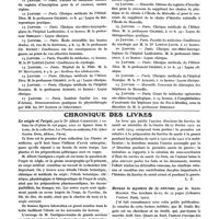 0054 - Page 31 - Nouvelles. Mémento chronologique / Chronique des livres. Le seigle et l'ergot, par le Dr Albert Garrigues... (chez Gaston Doin, éditeur, Paris) [Horn] / Une page de l'histoire du service de santé militaire. Sa préparation à la guerre et l'oeuvre de la 7e direction pendant la première année de guerre, par le médecin-inspecteur Troussaint... (Libr. H. Charles-Lavauzelle, à Paris) / Devant le mystère de la névrose, par M. Emile Magnin... (Librairie Vuibert, Paris, 1920)