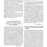 0098 - Page 88 - Causerie clinique. Réactions coliques post-opératoires, par le Dr Anselme Schwartz / Actualités médicales. Traitement de la maladie d'Addison par l'interrénaline / Recherches sur le thorostrat / Immunité à l'égard du virus poliomyélitique humain et du virus conservé par passages successifs
