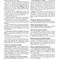 0732 - Page sans numérotation - Dernières nouvelles. Hôpitaux de Paris / Faculté de médecine de Paris / Collège de France / Faculté de médecine de Montpellier / Faculté de pharmacie de Strasbourg / Hôpital Saint-Joseph de Lyon / Ecole de médecine de Nantes / Hospice national des Quinze-Vingts / Maison départementale de Nanterre / Hôpitaux de Bordeaux