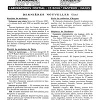 0777 - Page sans numérotation - Dernières nouvelles. Facultés de médecine / Faculté de médecine de Paris / Ecole de médecine d'Angers / Hôpitaux de Bordeaux