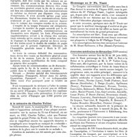 0793 - Page sans numérotation - Dernières nouvelles. Congrès des médecins aliénistes et neurologistes de France et de pays de langue française (Rabat, 7 au 13 avril) / A la mémoire de Charles Tellier / Médaillon du Pr Teissier / Hommage au Dr Ph. Tissié / Journées médicales de Bruxelles (XIIIe session) / Congrès médical de psychothérapie