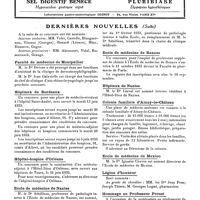 0799 - Page sans numérotation - Dernières nouvelles. Concours de l'internat de la Maison départementale de Nanterre / Faculté de médecine de Montpellier / Hôpitaux de Bordeaux / Hôpital-hospice d'Orléans / Ecole de médecine de Nantes / Ecole de médecine de Rennes / Hôpitaux de Nantes / Colonie familiale d'Ainay-le-Château / Ecole de médecine de Mexico / Légion d'honneur / Hommage au professeur Proust