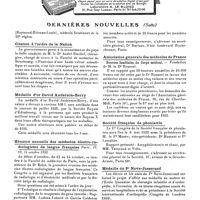 0804 - Page sans numérotation - Dernières nouvelles. Légion d'honneur / Citation à l'ordre de la Nation / Médaille d'or David Anderson-Berry / Réunion annuelle des médecins électro-radiologistes de langue française, Paris, 12, 13, 14 octobre 1933 / Association générale des médecins de France / Société française de phoniatrie / Médaille du Pr Nove-Josserand