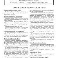 0809 - Page sans numérotation - Dernières nouvelles. Faculté de pharmacie de Nancy / Faculté de médecine de Marseille / Faculté de médecine de Montpellier / Ecole de médecine de Tours / Ecole de médecine de Nantes / Hôpitaux de Dijon / Hôpital civil de Mustapha (Alger)
