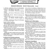 0823 - Page sans numérotation - Dernières nouvelles. Hôpital Beaujon / Asiles publics d'aliénés / La Revue des actualités médicales / Banquet de l'externat des hôpitaux de Paris / Dîner en l'honneur du Dr de Parrel / Médaille du Pr Félix Lejars / Distinctions honorifiques