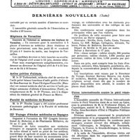 0846 - Page sans numérotation - Dernières nouvelles. Banquet de l'internat des hôpitaux de Bordeaux / Hôpitaux de Versailles / Asiles publics d'aliénés / Faculté de médecine de Bucarest / IIIe Voyage d'études médicales en Espagne / Union internationale contre le péril vénérien