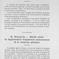 0024 - Page 23 - M. Guisez : Corps étranger (pièce de 50 cent ;) extraite de la bronche droite au moyen de la bronchoscopie supérieure. - M. Bourgeois : Malade atteint de dégénérescence d'apparences myxcomateuse de la muqueuse glottique