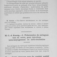 0036 - Page 35 - M. C.J. Koenig : 1- Présentation de seringues tout en verre, pour injections intra-laryngiennes ou intra-trachéales. 2- Corps étranger rare du conduit auditif ressemblant à un polype fibreux