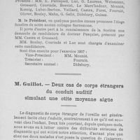 0073 - Page 72 - Séance du 9 novembre 1906 : M. Guillot : Deux cas de corps étrangers du conduit auditif simulant une otite moyenne aiguë