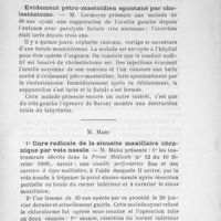 0023 - Page 21 - M. Lermoyez : Evidement pétro-mastoïdien spontané par cholestéatome / M. Mahu : 1° Cure radicale de la sinusite maxillaire chronique par voie nasale