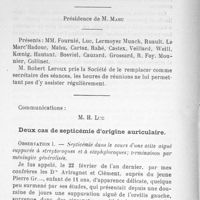 0026 - Page 24 - Séance du 10 mars 1909 : M. H. Luc : Deux cas de septicémie d'origine auriculaire