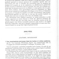 0011 - Page 7 - Travaux originaux. Démence progressive et incoordination des mouvements dans les quatre membres, chez deux enfants, le frère et la soeur, par le Dr Bouchaud... / Analyses. Anatomie, physiologie. Les terminaisons nerveuses dans les taches et crêtes auditives, par M. Von Lenhossék..., d'après une communication faite au 7e Congrès de la Société anatomique à Göttingen. Wiesbaden, 1893