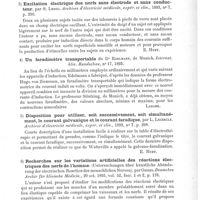 0013 - Page 9 - Analyses. Anatomie, physiologie. La résistance électrique du corps humain, par G. Weiss. Archives d'électricité médicale, expér. et clin... / Excitation électrique des nerfs sans électrode et sans conducteur, par S. Leduc. Archives d'électricité médicale, expér. et clin... / Un faradimètre transportable du Dr Edelmann... Internat. klin. Rundschau... / Disposition pour utiliser, soit successivement, soit simultanément, le courant galvanique et le courant faradique, par L. Lecercle. Archives d'électricité médicale, expér. et clin... / Recherches sur les variations artificielles des réactions électriques des nerfs de l'homme (Untersuchungen über künstliche Abänderung der electrischen Reaction der menschlichen Nerven), par Geigel. Deutsches Archiv für klinische Medicin...