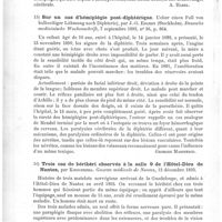 0020 - Page 16 - Analyses. Neuropathologie. Un cas de diphtérie hémorrhagique, par le Dr Iulius Donath... Neurologisches Centralblatt... / Sur un cas d'hémiplégie post-diphtérique (Ueber einen Fall von halbseitiger Lähmung nach Diphterie), par J.-G. Edgren... Deutsche medizinische Wochenschrift... / Trois cas de béribéri observés à la salle 9 de l'Hôtel-Dieu de Nantes, par Kirschberg. Gazette médicale de Nantes...