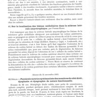 0033 - Page 29 - Sociétés savantes. Société médicale des hôpitaux de Paris. Séance du 17 novembre 1893. De la basophobie, Debove et Boulloche / Sur la localisation des lésions médullaires dans la sclérose latérale amyotrophique, par Pierre-Marie / Séance du 24 novembre 1893. Séglas. Paralysie motrice systématisée des membres du côté droit ; dysphasie et dysgraphie de nature fonctionnelle