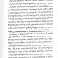 0060 - Page 56 - Analyses. Neuropathologie. Sur la paralysie spinale syphilitique (Ueber die syphilische Spinalparalyse), par Oppenheim. Berliner klinische Wochenschrift... / Sur un cas expérimental de poliomyélite infectieuse aiguë ayant simulé le syndrome de Landry, par H. Vincent. Archives de médecine expérimentale...
