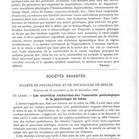 0065 - Page 61 - Analyses. Neuropathologie. Les neurasthéniques urinaires, leçon du Professeur Guyon. Annales des maladies des organes génito-uriniaires... / Sociétés savantes. Société de psychiatrie et de neurologie de Berlin. Séances du 13 novembre et du 11 décembre 1893. Leyden. Les nouvelles recherches sur l'anatomie pathologique et la physiologie du tabes