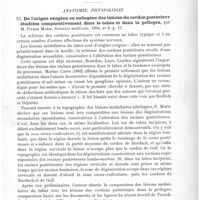 0077 - Page 73 - Travaux originaux. Note sur quelques phénomènes de compression du nerf cubital, produits par l'apophyse sus-épitrochléenne, par MM. Ch. Féré et P. Batigne / Analyses. Anatomie, physiologie. De l'origine exogène ou endogène des lésions du cordon postérieur étudiées comparativement dans le tabes et dans la pellegra, par M. Pierre Marie. Semaine médicale...