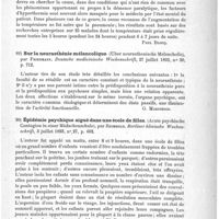 0087 - Page 83 - Analyses. Psychiatrie. Étude de la température dans 25 cas de paralysie générale des aliénés (A study of the temperature in twenty-five cases of general paralytis of the insane), par Peterson et Langdon. The Journal of nervous and mental diseases... / Sur la neurasthénie mélancolique (Uber neurasthenische Melancholie), par Friedmann. Deutsche medicinische Wochenschrfit... / Épidémie psychique aiguë dans une école de filles (Acute psychische Contagion in einer Mädschenschule), par Reimbold. Berliner klinische Wochenschrift...