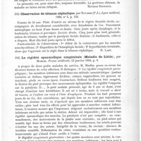 0143 - Page 139 - Analyses. Neuropathologie. Étude sur la pseudo-méningite grippale chez l'enfant, par V. Lévêque. Thèse de Paris... 1893 / Observation de tétanos céphalique, par Navarre (P. J.). Lyon médical... / La rigidité spasmodique congénitale (Maladie de Little), par Marfan. Presse médicale...